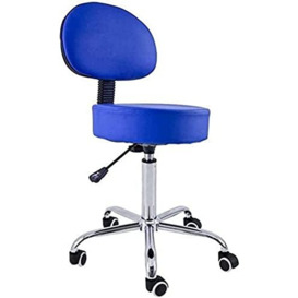 QUIRUMED Stool with Backrest, Chrome Base, 5 Wheels and Gas Lift, Blue, Metal Frame, Leatherette, High Density Filling, Adjustable Height, Up to 150 kg