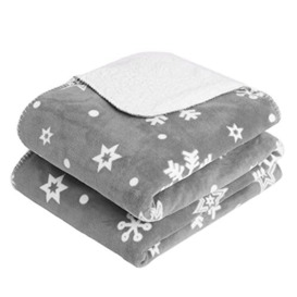Dreamscene Snowflake Xmas Sherpa Fleece Coral Blanket Large Plush Fluffy Soft Warm Bed Couch Throw Over Bedspread, 150 x 180 - Grey White