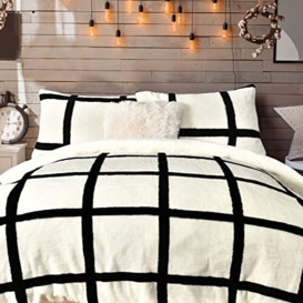 Sleepdown Teddy Fleece Large Grid Check Natural Reversible Duvet Cover Quilt Bedding Set with Pillowcase Thermal Warm Cosy Super Soft Easy Care Bed Linen - Single (135cm x 200cm)