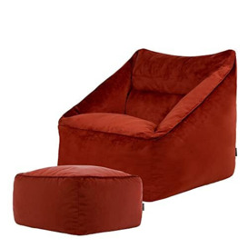 icon Natalia Velvet Lounge Chair Bean Bag and Footstool, Terracotte, Giant Bean Bag Velvet Chair, Large Bean Bags for Adult with Filling Included, Accent Chair Living Room Furniture