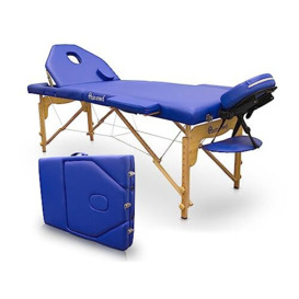 QUIRUMED Wooden Folding Stretcher Pro, 194 x 70 cm, With Folding Backrest, Blue, Leatherette, Face hole, Removable Headrest, Height adjustable, Up to 150 kg