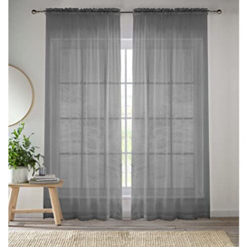 Enhanced Living Grey Plain Woven Voile Slot Top Curtain Panel Pair (57x90) 145x229m, CRY24PA90-PAIR, 145 x 229cm (57x90)