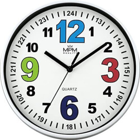 MPM Quality Design Children's Wall Clock Plastic with Distinctive Coloured Numbers, White, Quartz Sweep, Colourful Children's Clock, Diameter 200 x 34 mm, Ideal for Children's Room, Nursery or School