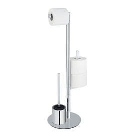 WENKO Polvano stainless steel free-standing toilet brush set, with toilet paper holder on heavy base plate for secure stand, incl. toilet brush with silicone brush head, 29 x 79 x 25 cm