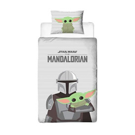 Character World Disney Official Star Wars The Mandalorian Single Duvet Cover Set - Reversible 2 Sided Bedding Including Matching Pillow Case - Grogu Baby Yoda Brands Kids Bed Set