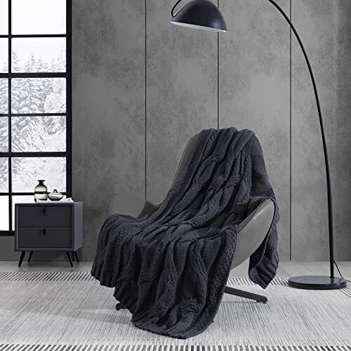 "Vera Wang - Throw Blanket, Ultra Soft Chenille Home Decor, Luxury Bedding for Bed or Couch (Large Cable Knit Black, 50"" x 70"")"