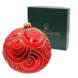 Dekohelden24 Lauschaer KGL10865 Christmas Tree Decorations Set of 4 Glass Baubles in Red, Matt, Mouth-Blown and Hand-Decorated with Gold Curls Decoration with Gold Crowns Diameter Approx. 10 cm