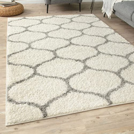 THE RUGS Shaggy Rug – Modern Moroccan Design Rugs for Living Room, Bedroom, Hallway, 3 cm Thick Area Rugs, (Trellis Ivory/Grey, 60x110cm)