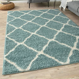 THE RUGS Shaggy Rug – Modern Moroccan Design Rugs for Living Room, Bedroom, Hallway, 3 cm Thick Area Rugs, (Moroccan Duck egg blue/Ivory, 60x110cm)