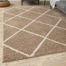 THE RUGS Shaggy Rug – Modern Moroccan Design Rugs for Living Room, Bedroom, Hallway, 3 cm Thick Area Rugs, (Diamond Beige/Ivory, 80x300cm)