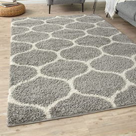 THE RUGS Shaggy Rug – Modern Moroccan Design Rugs for Living Room, Bedroom, Hallway, 3 cm Thick Area Rugs, (Trellis Grey/Ivory, 80x150cm)
