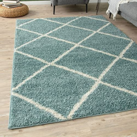 THE RUGS Shaggy Rug – Modern Moroccan Design Rugs for Living Room, Bedroom, Hallway, 3 cm Thick Area Rugs, (Diamond Duck egg blue/Ivory, 60x110cm)