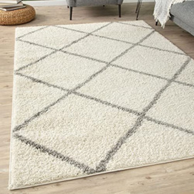 THE RUGS Shaggy Rug – Modern Moroccan Design Rugs for Living Room, Bedroom, Hallway, 3 cm Thick Area Rugs, (Diamond Ivory/Grey, 80x150cm)