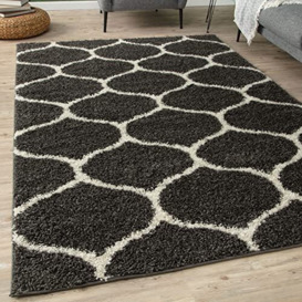 THE RUGS Shaggy Rug – Modern Moroccan Design Rugs for Living Room, Bedroom, Hallway, 3 cm Thick Area Rugs, (Trellis Dark Grey/Ivory, 120x170cm)