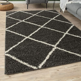 THE RUGS Shaggy Rug – Modern Moroccan Design Rugs for Living Room, Bedroom, Hallway, 3 cm Thick Area Rugs, (Diamond Dark Grey/Ivory, 60x110cm)