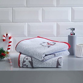 Fusion Christmas Hand Towels 2 Pack (50 x 90cm) - Arctic Penguin Towels -100% Cotton - Guest Towels/Head Towels, Christmas Decoration, Christmas Bathroom Accessory