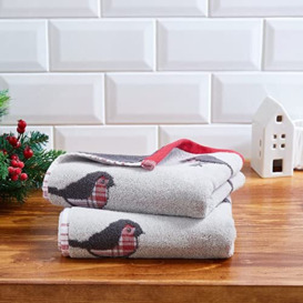 Fusion Bathroom - Christmas Robin - 100% Cotton Jacquard Set of Two Hand Towels, Tartan Red, 50 x 90cm