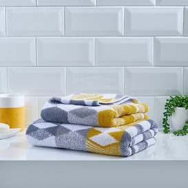 Fusion White/Yellow Bath Towel (70 x 130cm) - 100% Cotton - Geometric Hexagon Shape - Bath Towel Large, Bathroom Accessory