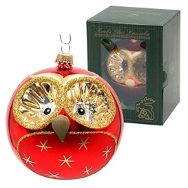 Dekohelden24 Lauschaer Christmas Tree Decoration - Christmas Tree Bauble in Red as Owl, Mouth-Blown and Hand-Decorated, with Gold Crown, Diameter Approx. 8 cm