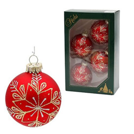 Lauschaer Christmas Tree Decorations Set of 4 Christmas Tree Baubles in Red Matt Hand Decorated with Glitter Decoration in Gold and Silver with Gold Crowns Diameter Approx. 10 cm