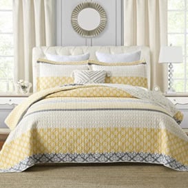 SahSahCasa Quilt Queen Size, Set, 100% Cotton Floral Quilt, Bedding Set Bedspreads, Patchwork Reversible Lightweight Comforter Bed Spread for All Season, Yellow/Gray, 3 Pieces