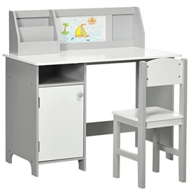 HOMCOM Kids Desk And Chair Set 2 PCs Childrens Table And Chair Set Multi Use Toddler Furniture with Whiteboard, Storage - Grey