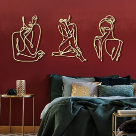3 Pieces Metal Wall Art Decor Minimalist Abstract Woman Wall Art Modern Line Drawing Wall Art Decor Metal Female Single Line Wall Home Hanging for Bedroom Kitchen Bathroom Living Room (Gold, Cute)