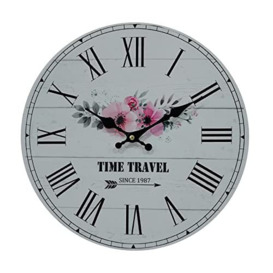 Rebecca Mobili Retro Wall Clock, Decorative Clock, Mdf, White Black Pink, Flower Print, Shabby Chic Style, Analogical - Diameter 33.8 cm x D 4 cm - Art. RE6807
