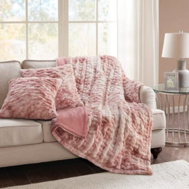 "Comfort Spaces Luxurious & Fuzzy Soft Ruched Faux Fur Plush Throw Blanket Set with 2 Matching Square Pillow Covers, for Sofa,Chair, Couch, Living Room, Home Office, Blush Tie Dye 50""x 60"""