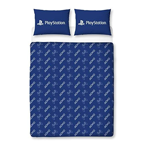 Character World Official PlayStation Double Duvet Cover Set - Player One Design Reversible 2 Sided Bedding Including Matching Pillow Cases - Gaming Double Bed Set, Blue