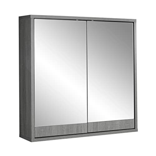 House and Homestyle Grey Wood Effect Bathroom Storage Mirrored Cabinet, H60cm x W60cm x D15cm