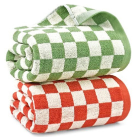 "Checkered Bath Towels for Bathroom, 2 Pack Shower Towels 55"" x 27.5"", Super Absorbent and Quick Dry (Orange + Green)"