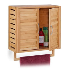 Relaxdays Wall Cabinet with Towel Holder, Magnetic Lock, HxWxD: 56.5 x 51.5 x 21.5 cm, Hanging Locker Bathroom, Bamboo, Iron