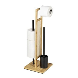 WENKO Stand Rivalta Allegre Freestanding Toilet Brush and Toilet Roll Holder, Bamboo, Rattan and Black Matt Lacquered Steel, 25 x 73 x 25 cm, Natural