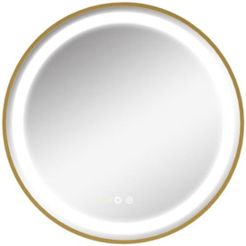 kleankin Round Bathroom LED Mirror, Dimmable Lighted Wall-Mounted Mirror with 3 Temperature Colours, Time Display, Memory Function, Hardwired, Gold