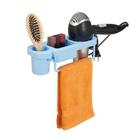 Relaxdays Hairdryer Holder Without Drilling, Plastic, Cable Holder & Shelves, Wall, HxWxD 9x30x10,5 cm, Blue, 9x30x10.5 cm