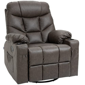 HOMCOM Manual Recliner Chair, Overstuffed PU Leather Recliner Armchair with Footrest, Cup Holders, Side Pockets, 360° Swivel for Living Room Bedroom, Dark Brown
