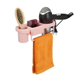 Relaxdays Hairdryer Holder Without Drilling, Plastic, Cable Holder & Shelves, Wall, HxWxD 9x30x10,5 cm, Pink, 9x30x10.5 cm