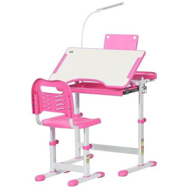 HOMCOM Kids Desk and Chair Set, Height Adjustable Study Desk with USB Lamp, Storage Drawer for Study, Pink and White