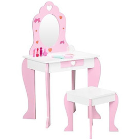 ZONEKIZ Kids Dressing Table with Mirror and Stool, Vanity Set w/Love Heart and Bow Design, Girl Makeup Desk w/Drawer, for Ages 3-6 Years - Pink