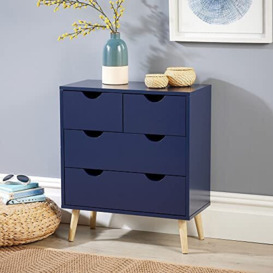 Home Source Blue Chest of 4 Drawers Wooden Scandi Style Legs Modern Integrated Handles, Large
