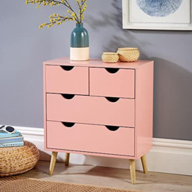 Home Source Pink Chest of 4 Drawers Wooden Scandi Style Legs Modern Integrated Handles, Large