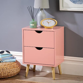 Home Source Pink 2 Drawer Bedside Cabinet Wooden Side Lamp Table Nightstand Scandi Legs, Small
