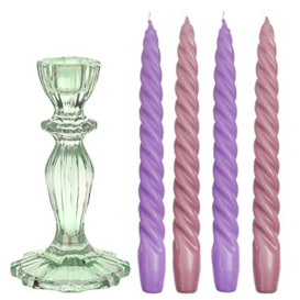 1 x Green Coloured Glass Candlestick Candle Holder & 4 x Lilac Luxury Italian Spiral Twisted Unscented Wax Tapered Dinner Candles - Ideal for Her or Him - Made by Talking Tables