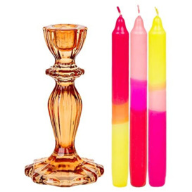 1 x Orange Coloured Glass Candlestick Candle Holder & 3 x Ombre Tapered Neon Dinner Candles Unscented Wax Candlesticks for Her or Him, Neon Made by Talking Tables