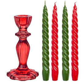 1 x Jewel Red Coloured Glass Candlestick Candle Holder & 4 Luxury Italian Spiral Twisted Unscented Wax Tapered Dinner Candles - Ideal for Her or Him - Made by Talking Tables