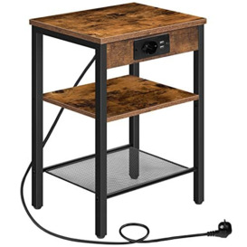 HOOBRO End Table with Charging Station and USB Ports, 3-Tier Nightstand with Adjustable Shelf, Narrow Side Table for Small Space in Living Room, Bedroom and Balcony, Rustic Brown