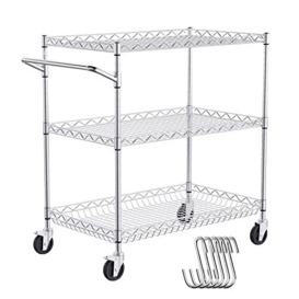 VEVOR Kitchen Utility Cart, 3 Tiers, Wire Rolling Cart with 661LBS Capacity, Steel Service Cart on Wheels, Metal Storage Trolley with 80mm Deep Basket Curved Handle 6 Hooks, for Indoor and Outdoor Use