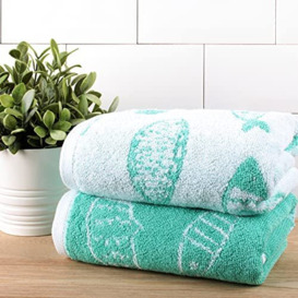 Fusion 2 Pack Aqua Turquoise Hand Towels (50 x 90cm) - 100% Cotton - Ocean Fish Print - Guest Towels, Head Towels, Beach Towels, Bathroom Accessory