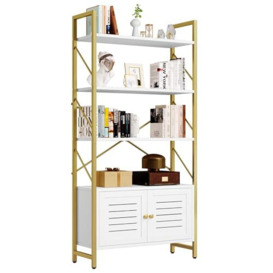 YITAHOME Bookcase with Storage Cabinet, Standing 5 Tiers Book Shelf Display Rack with Doors for Bedroom Living Room Office,White&Gold